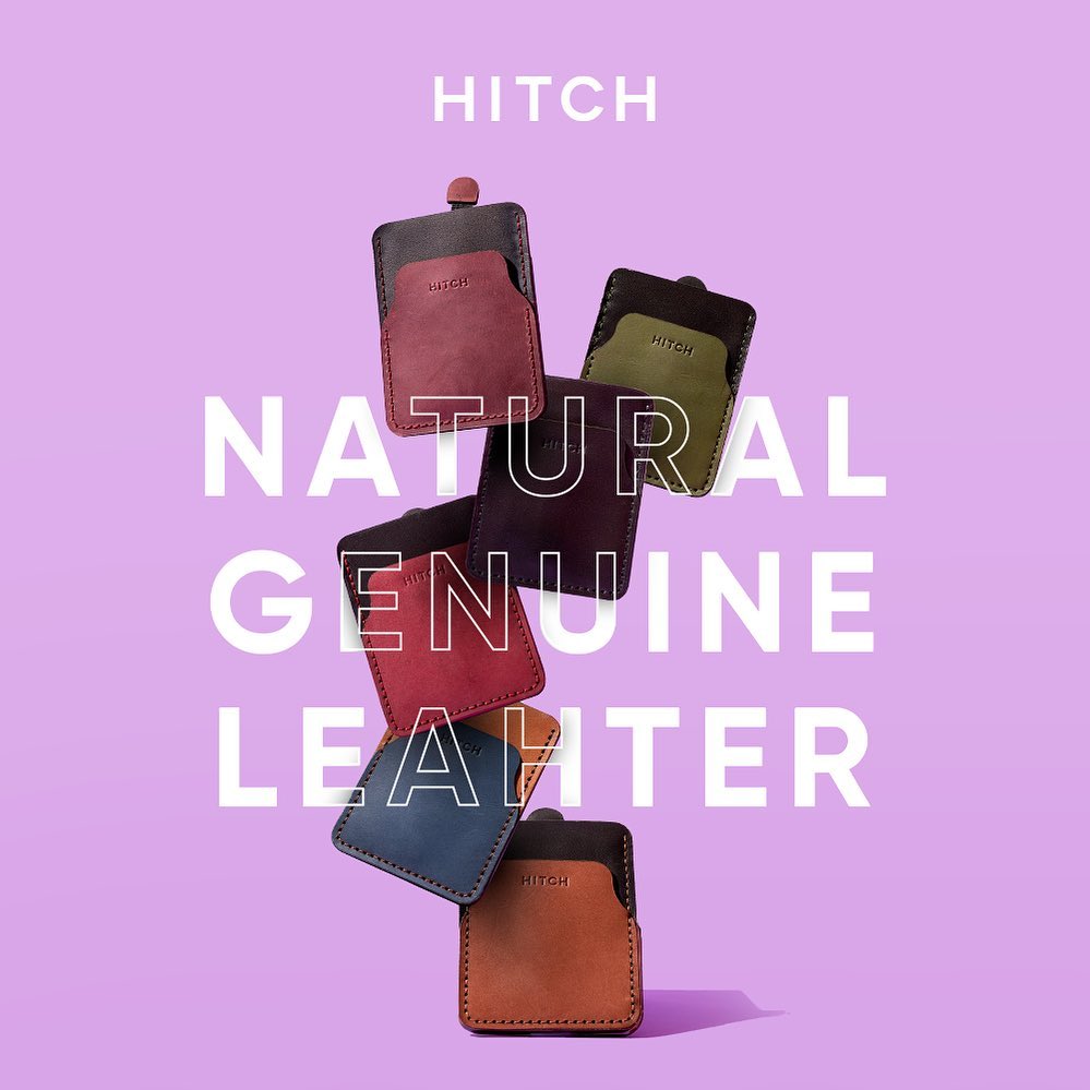 6 wallets on top of each other with different colors, branded HITCH, with text "Natural Genuine Leather".
