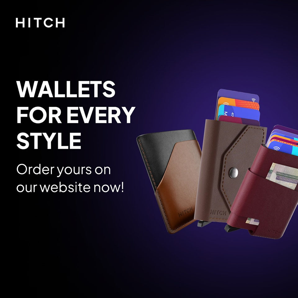 "Assorted HITCH wallets in various styles showcased against a dark background with a 'Wallets for Every Style' tagline."