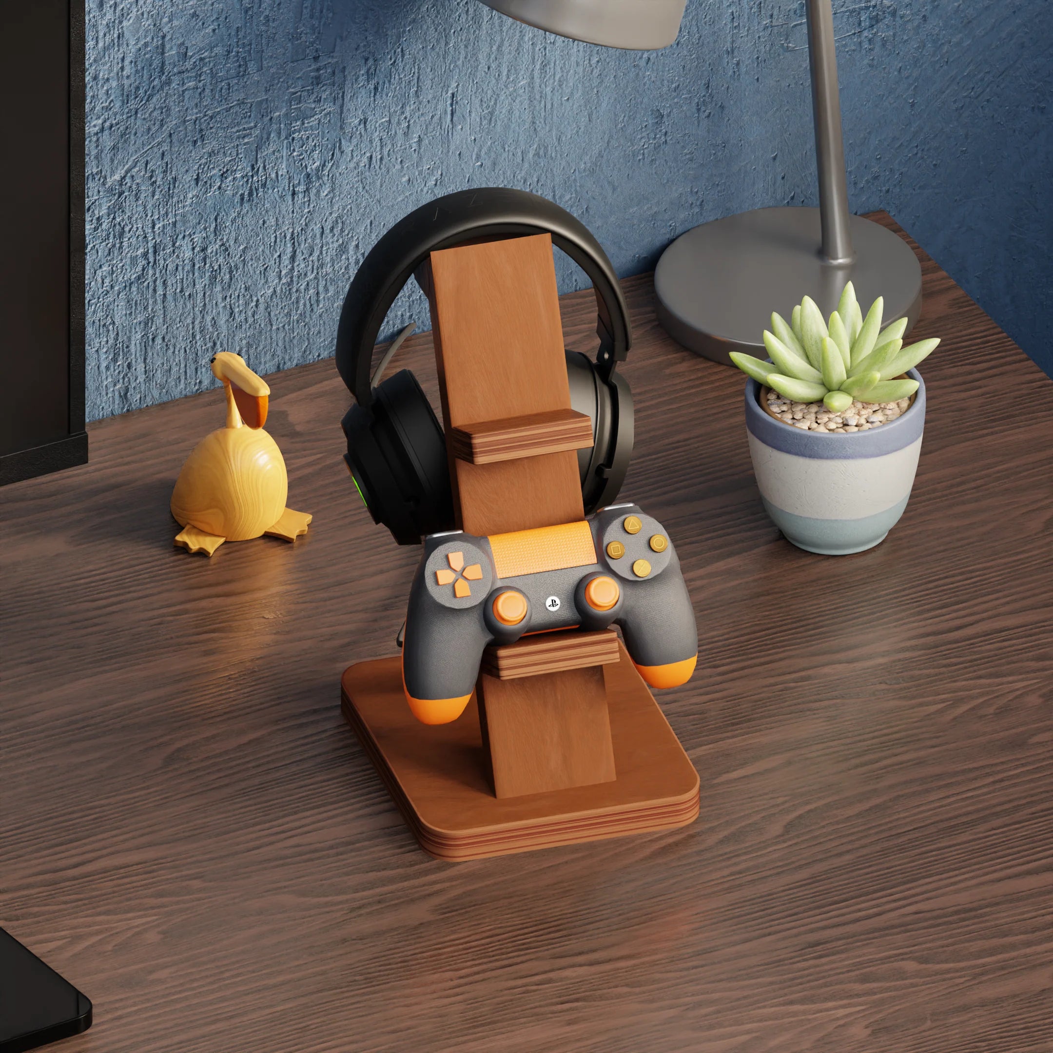 Wooden headphone stand with gaming controller on a desk.