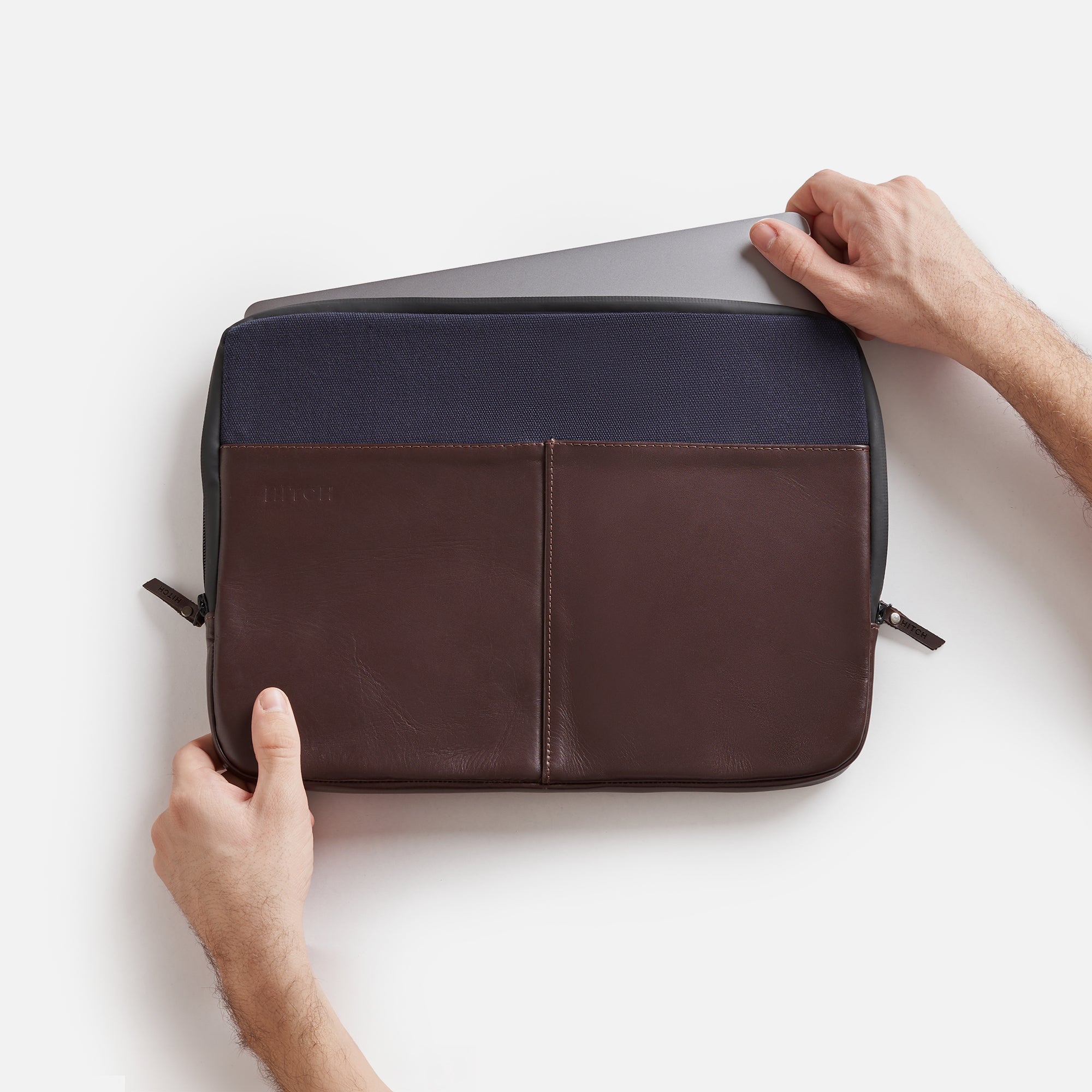 Premium Leather Laptop Sleeve - Brown/Navy