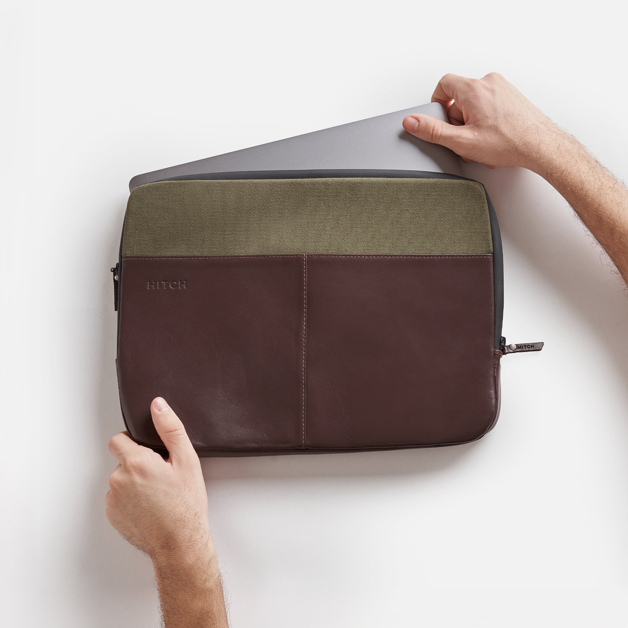 Premium Leather Laptop Sleeve - Brown/Olive