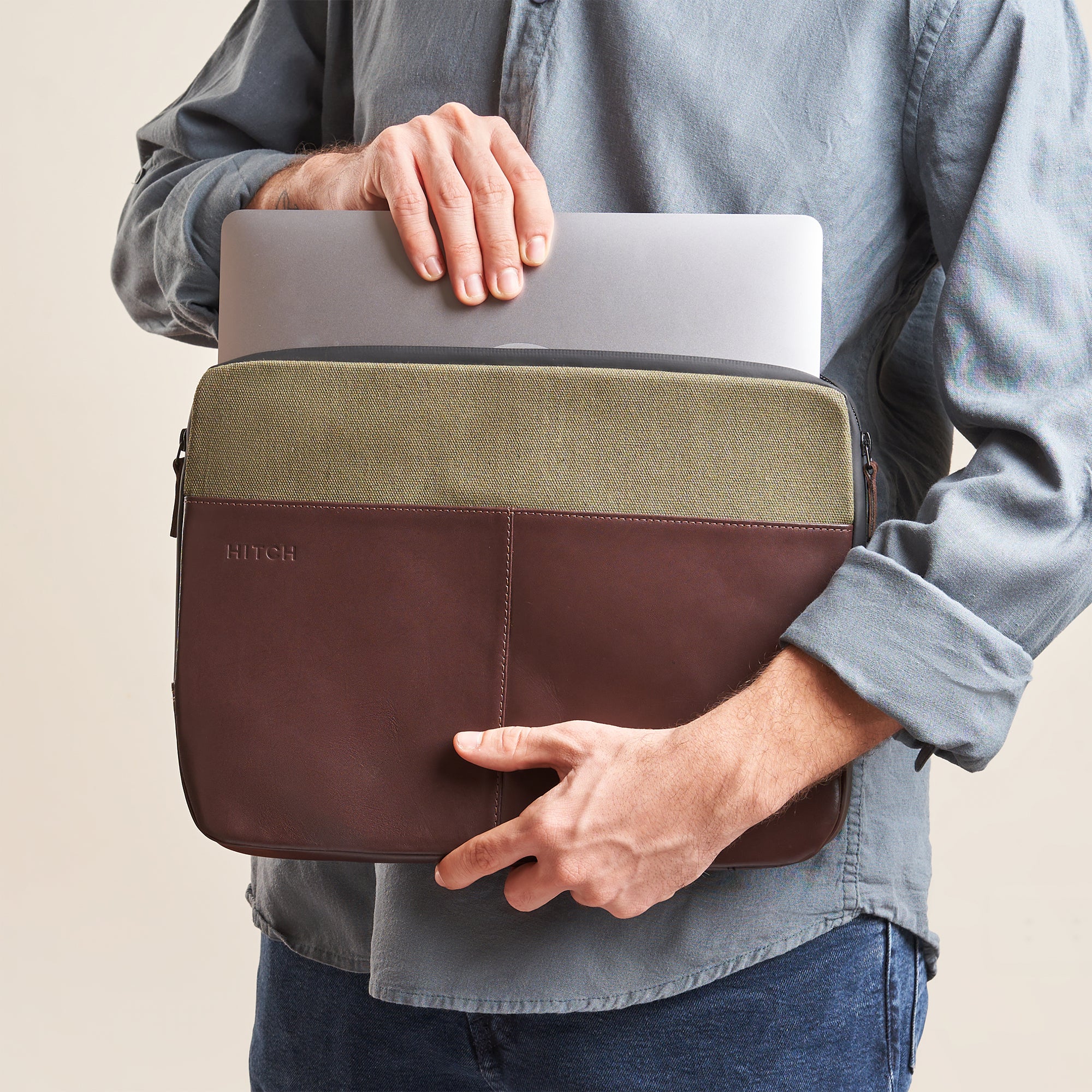 Premium Leather Laptop Sleeve - Brown/Olive