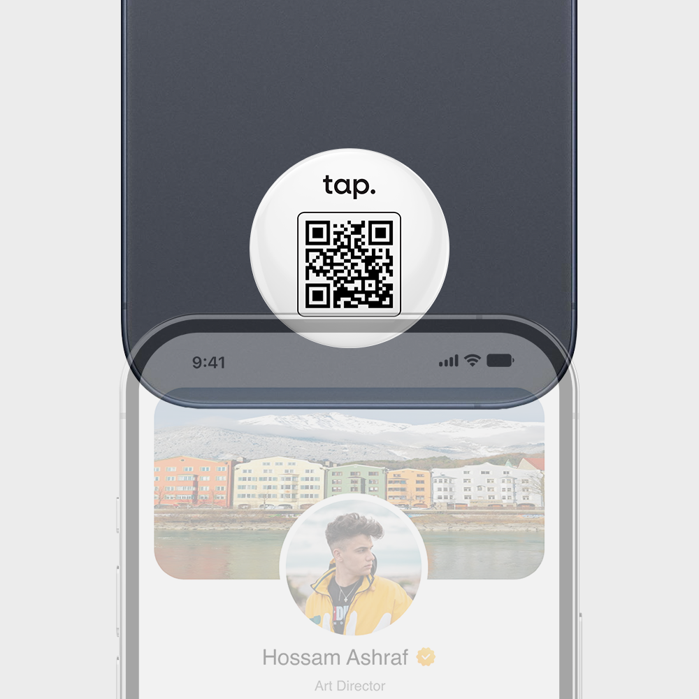 Smartphone displaying a contact profile with a QR code badge above the screen