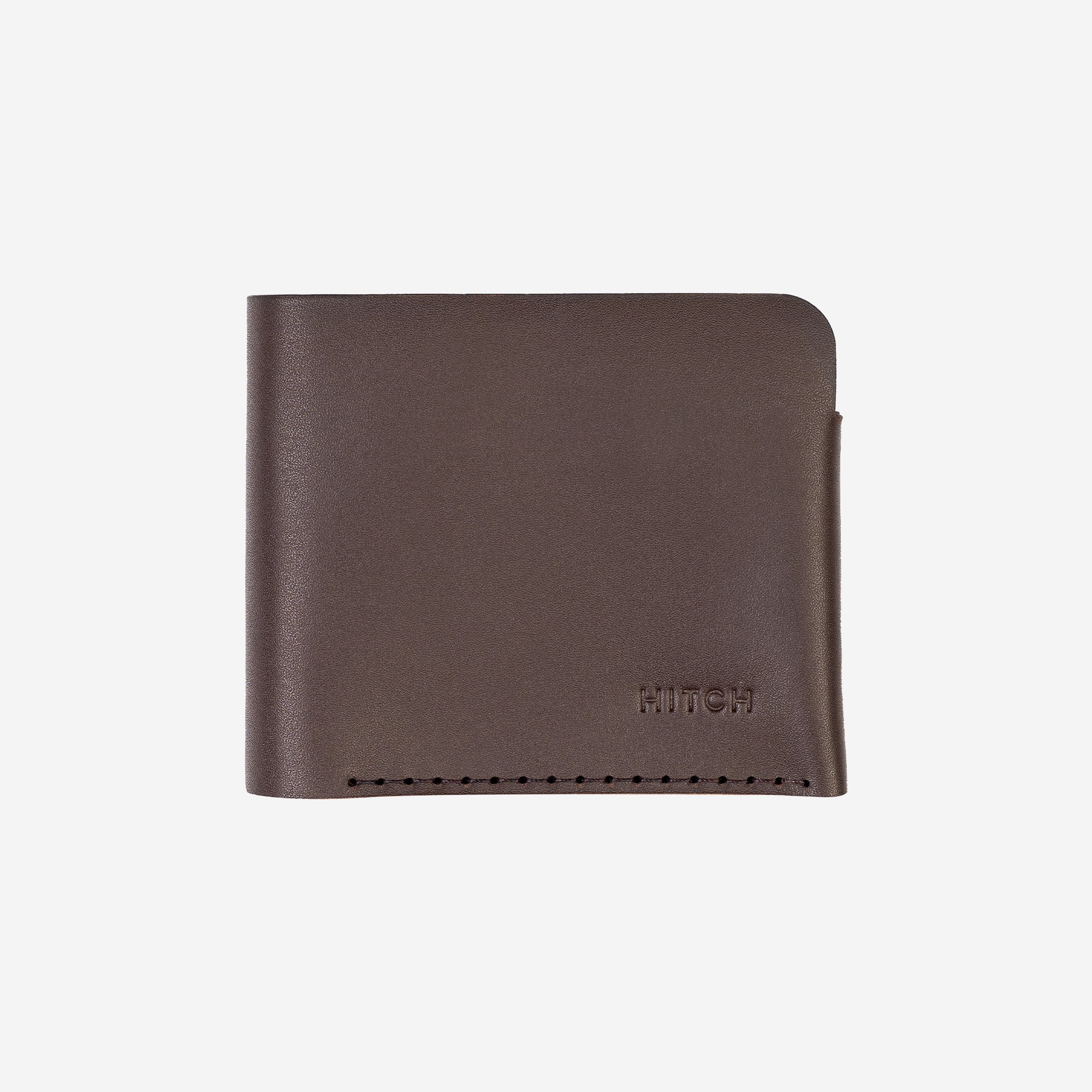 Brown leather bifold wallet with brand logo "HITCH", on white background.