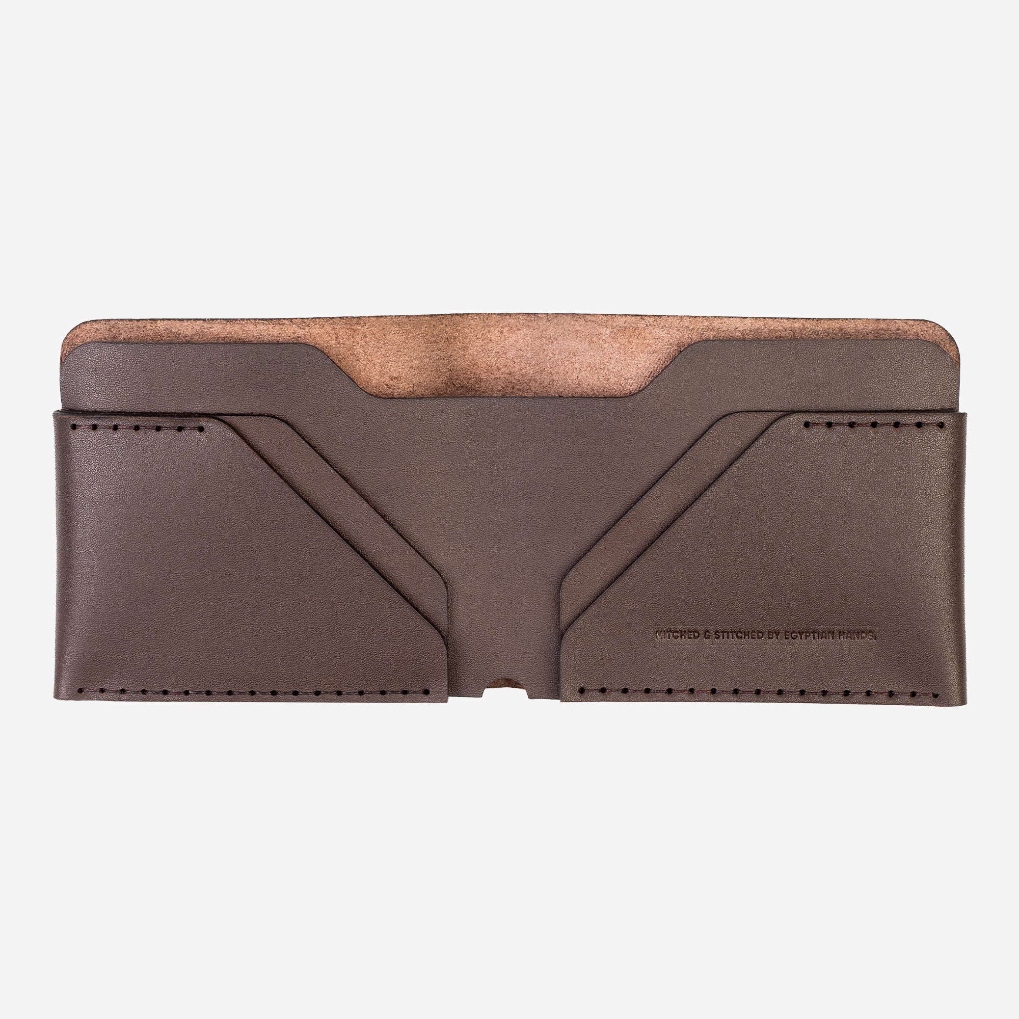 Brown leather bifold wallet with V-pocket design and cork detail on white background.