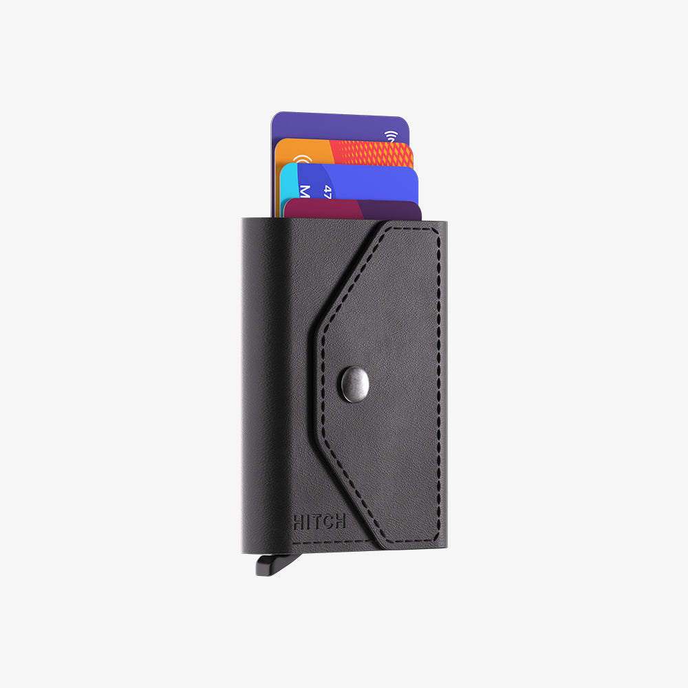 Black leather minimalist wallet with credit cards on a white background.