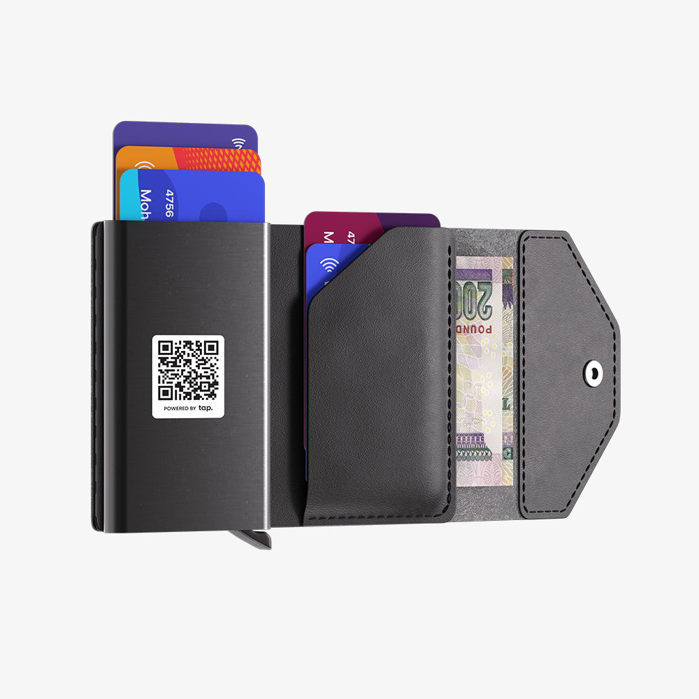 "Modern black wallets with contactless NFC cards and cash, featuring a QR code for payment, isolated on a white background."