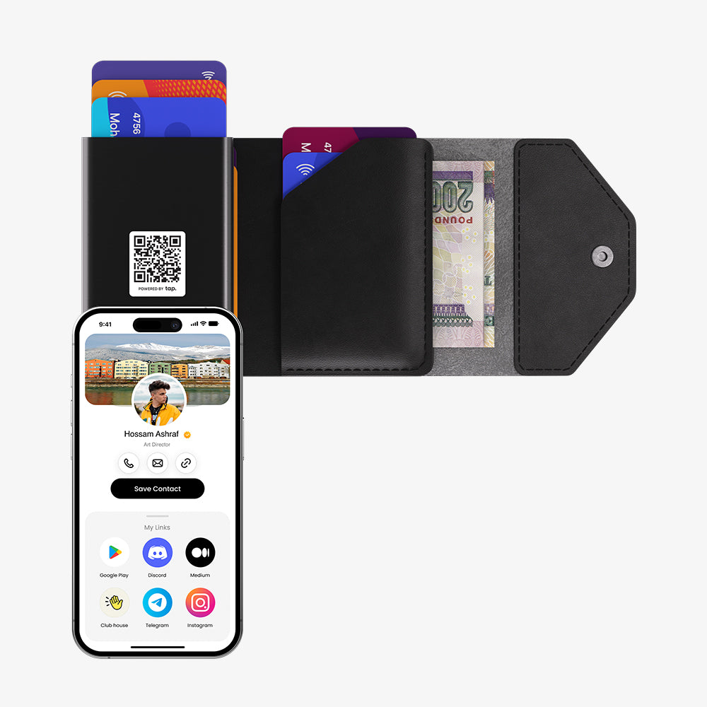 Smartphone with QR code on screen, digital wallet, credit cards, and cash in a black minimalist leather wallet.