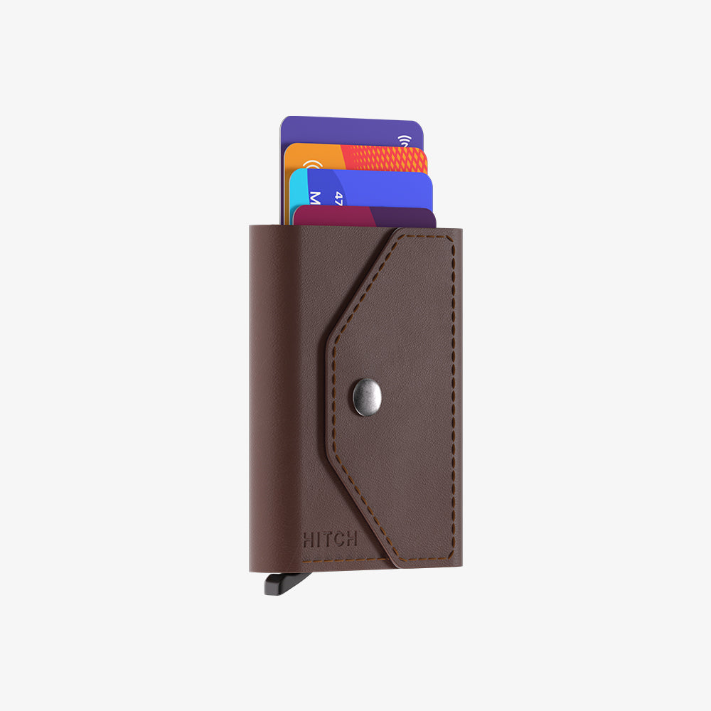 Brown leather cardholder with multiple cards sticking out, isolated on a white background.