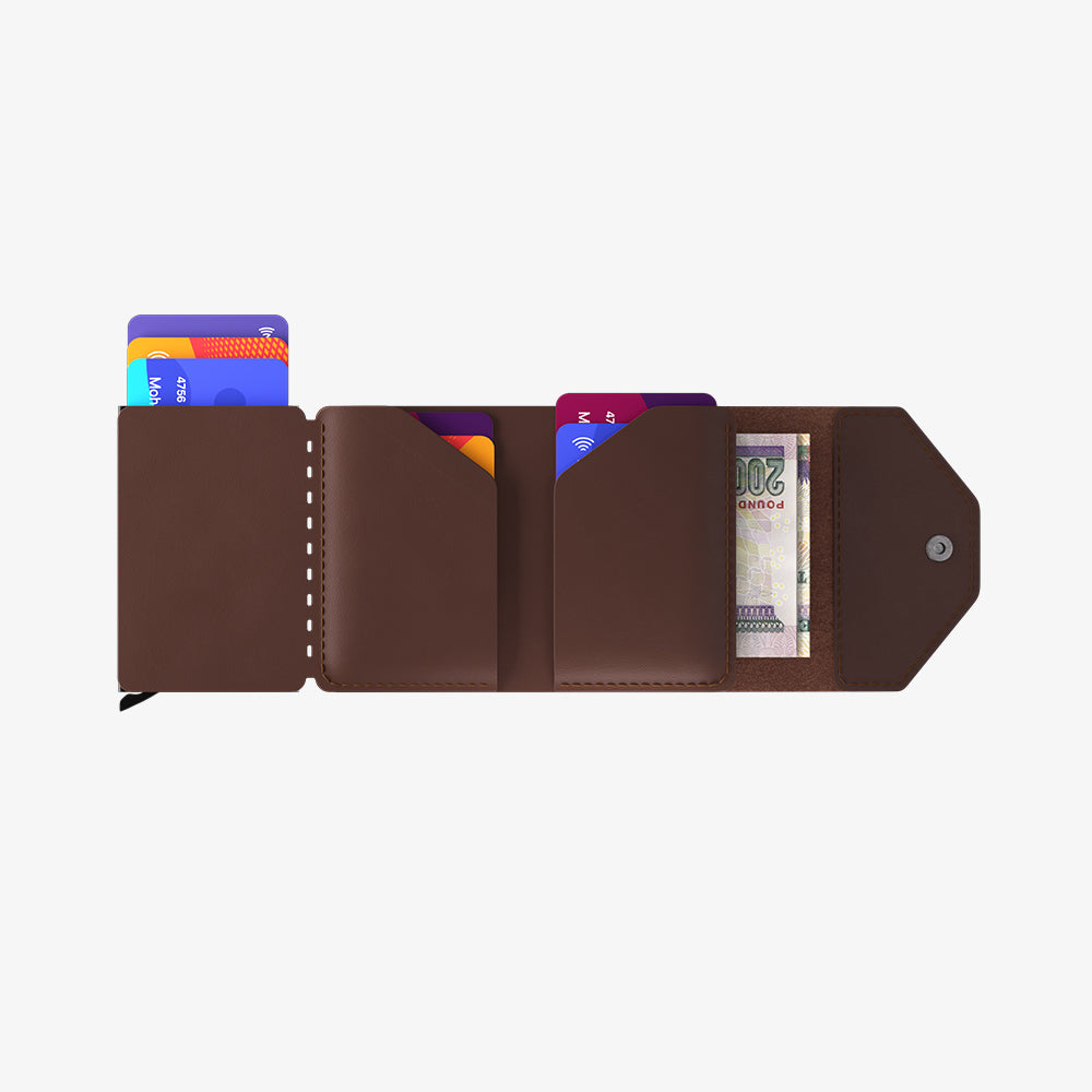 Brown leather wallet with credit cards and cash on white background.