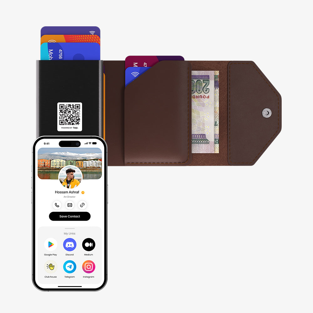 Smartphone with digital NFC business card next to a wallet with cards and cash.