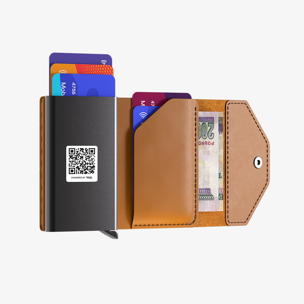 Modern wallet with credit cards, QR code on a white background.