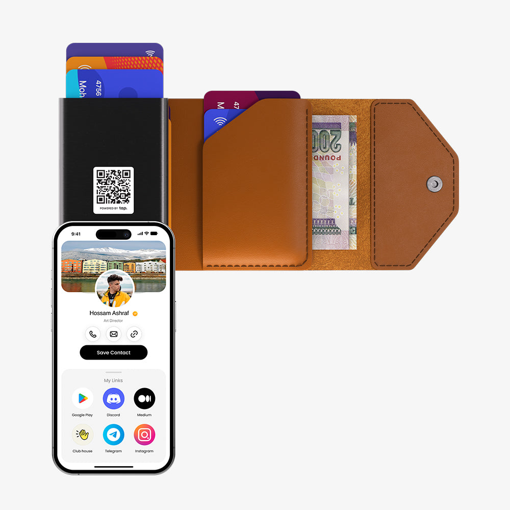 Smartphone with contact profile on screen and a brown leather wallet containing cards and cash.