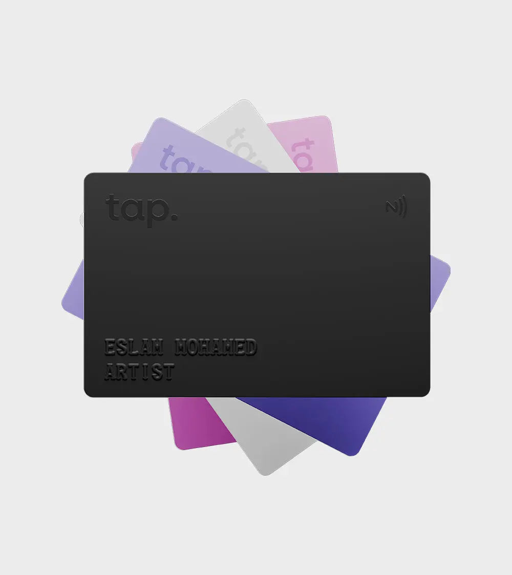 Stacked business cards with contactless NFC icons and name Eslam Mohamed, Artist.