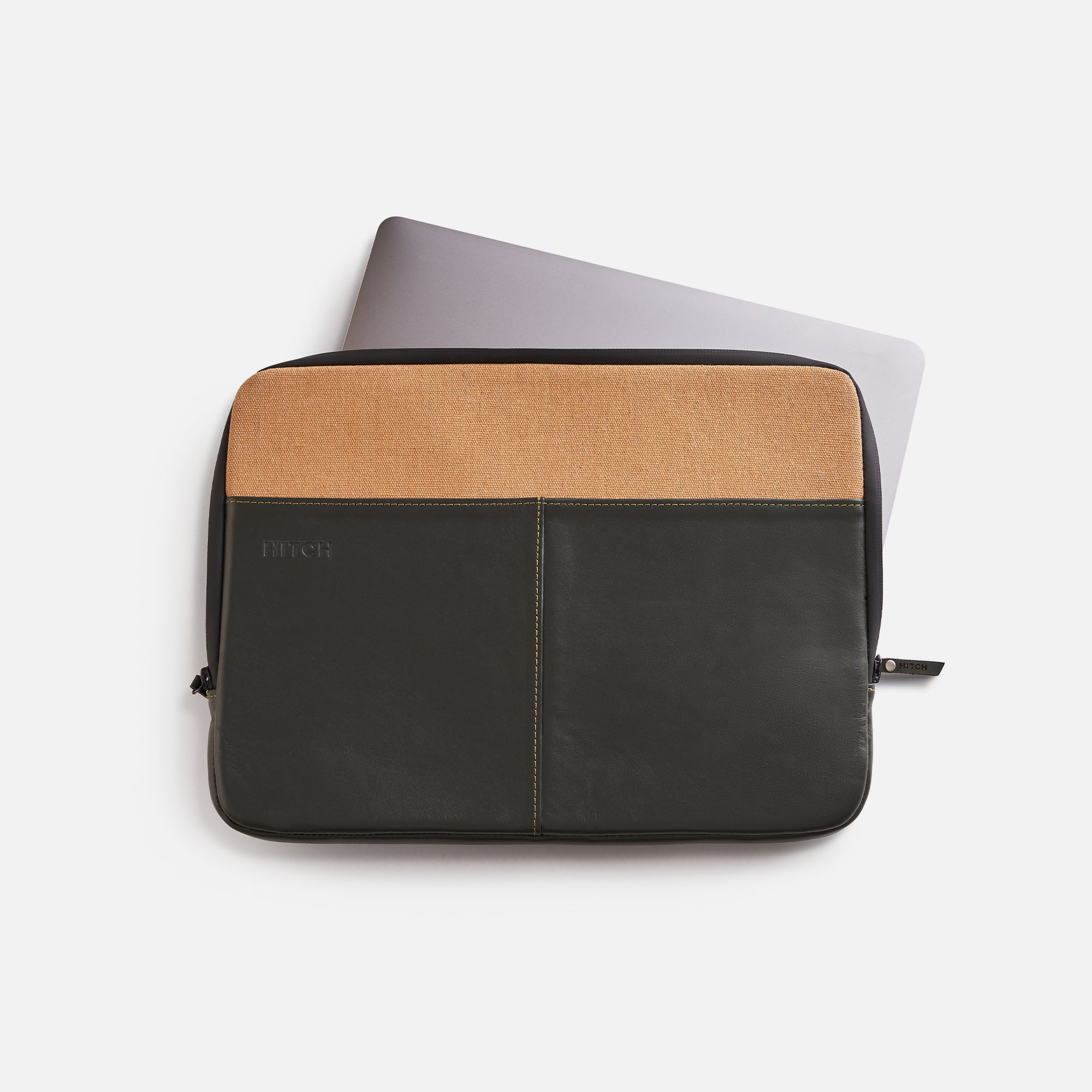 Premium Leather Laptop Sleeve - Dark olive/Beige