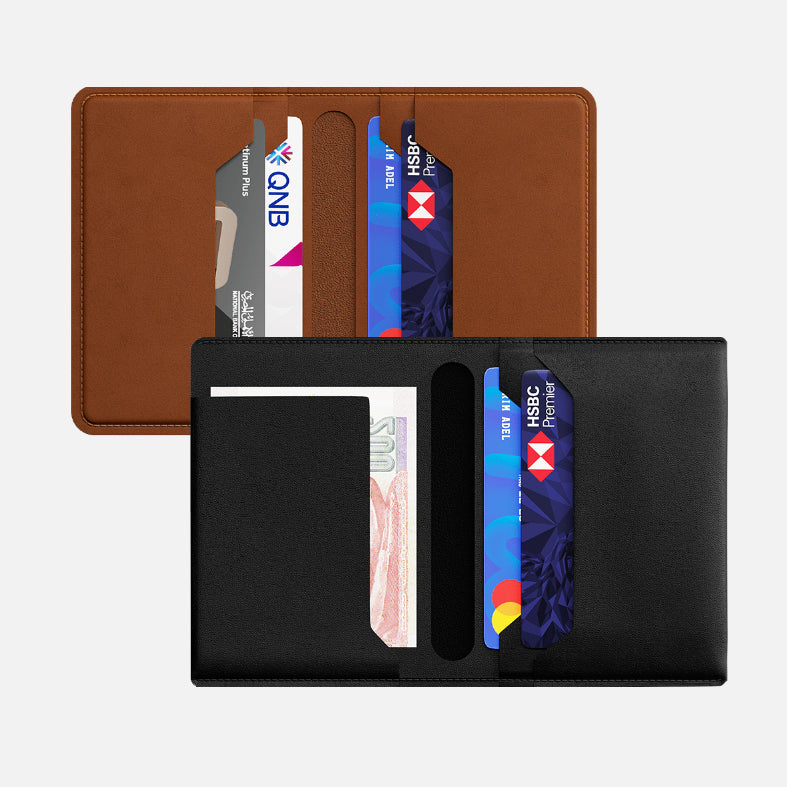 Open leather bifold wallets with credit cards and cash visible. Brown and black with card slots.