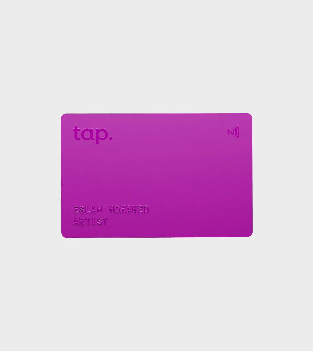 Modern purple business card with NFC technology and artist's name.