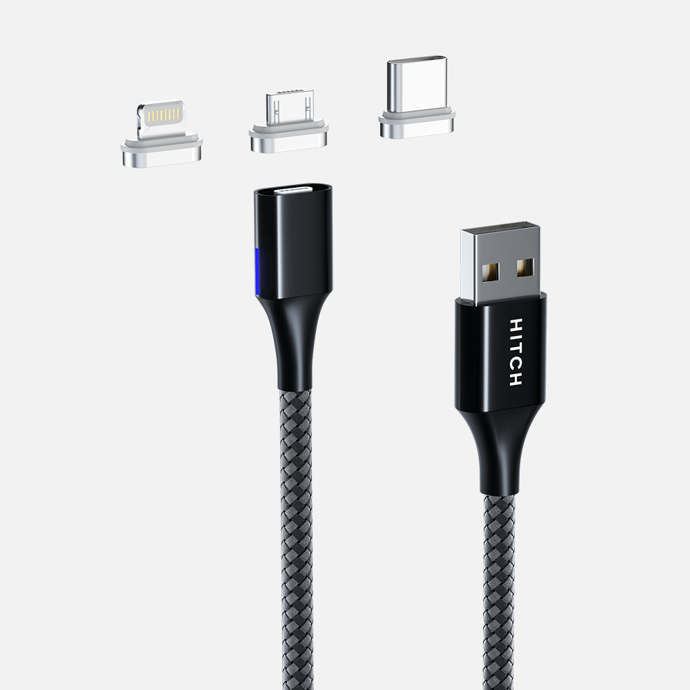 Multi-adapter USB charging cable with durable braided design and interchangeable connectors.