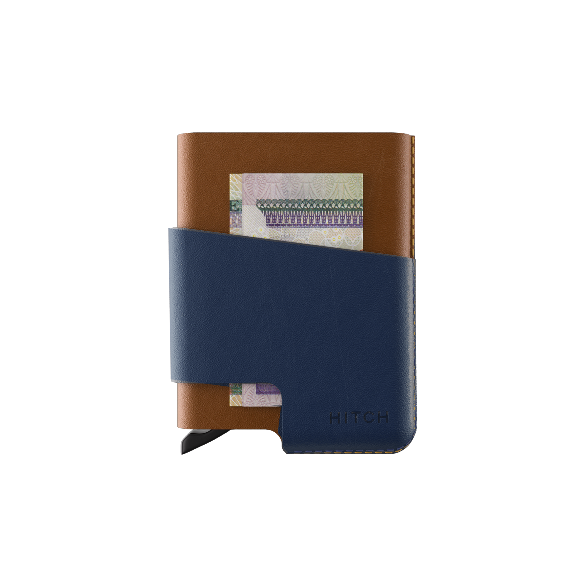 Brown and blue leather cardholder wallet with money clip and currency note.