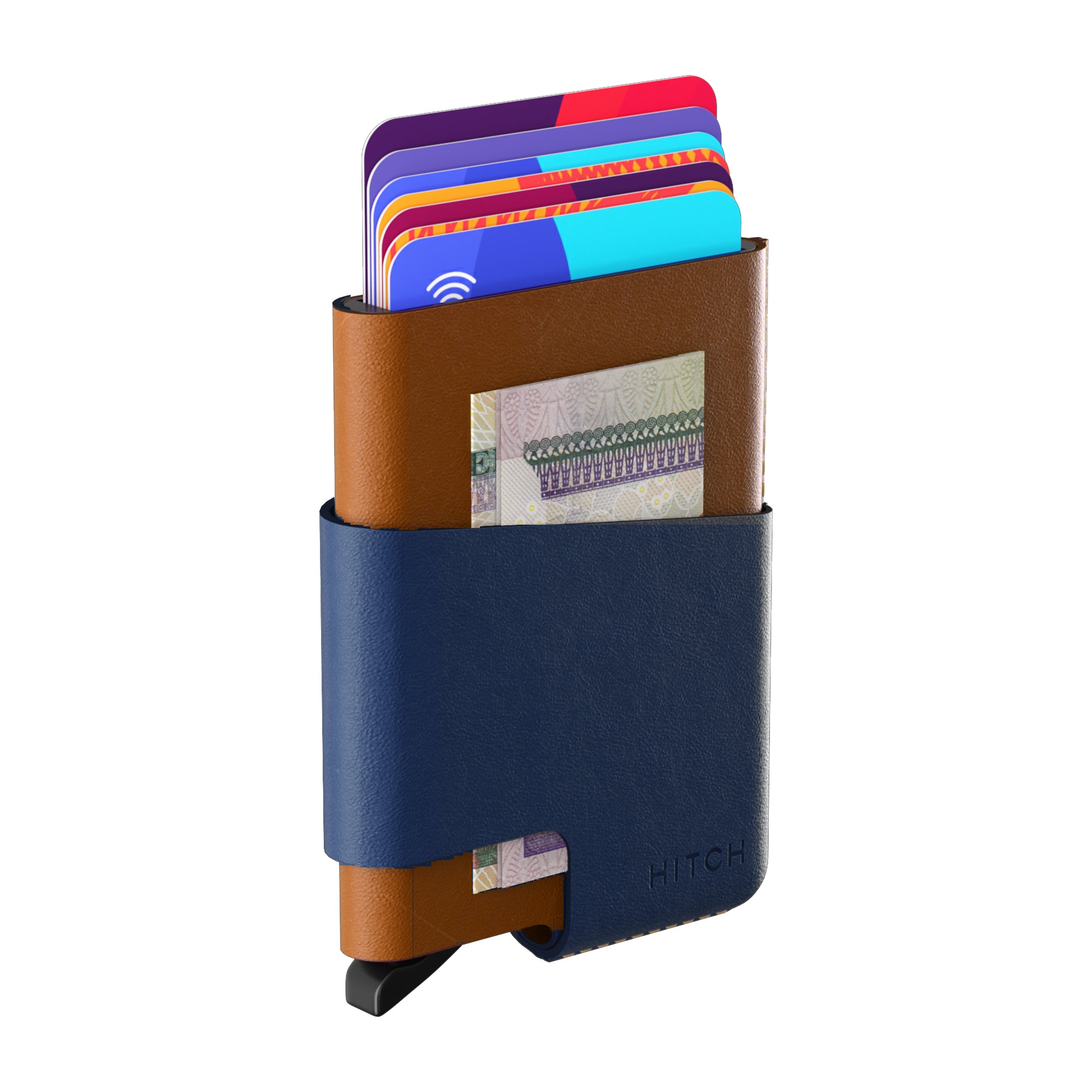 Brown and blue leather cardholder wallet with multiple credit cards and cash visible.