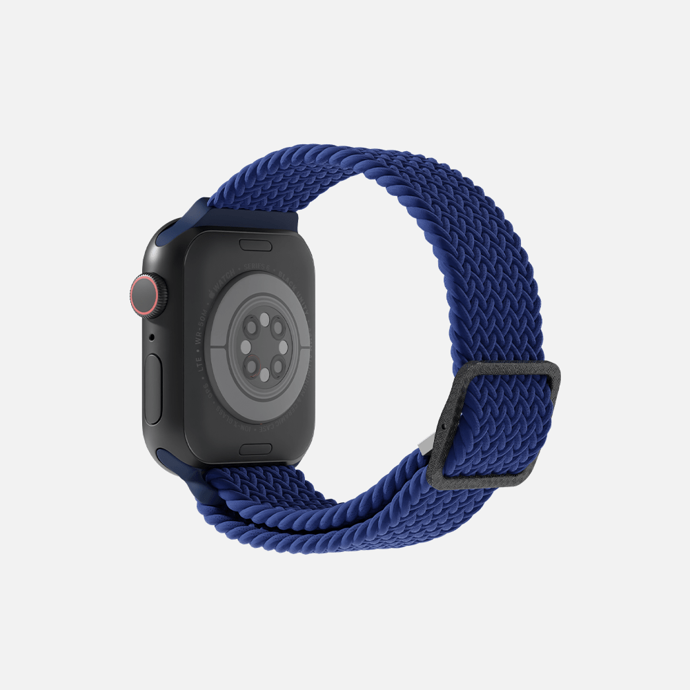 Smartwatch with blue braided loop band and black case on a white background.