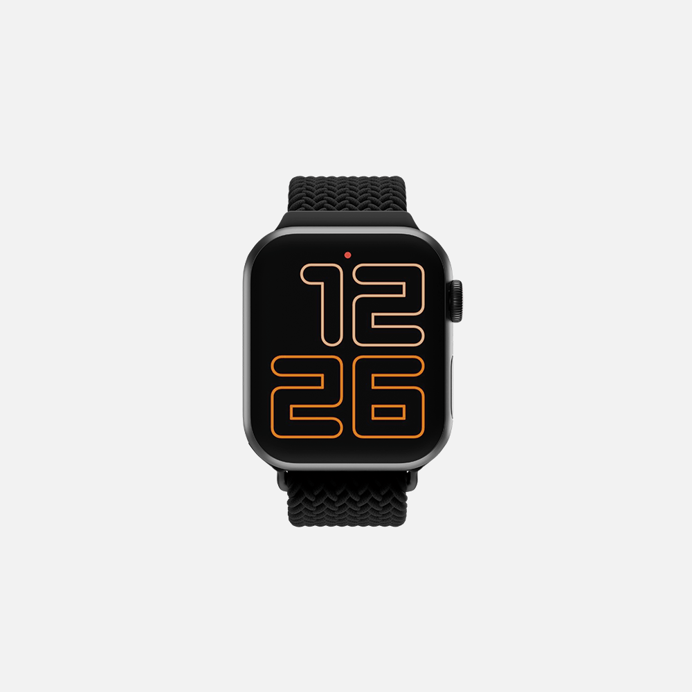 Black smartwatch with orange digital time display and black strap on a white background.