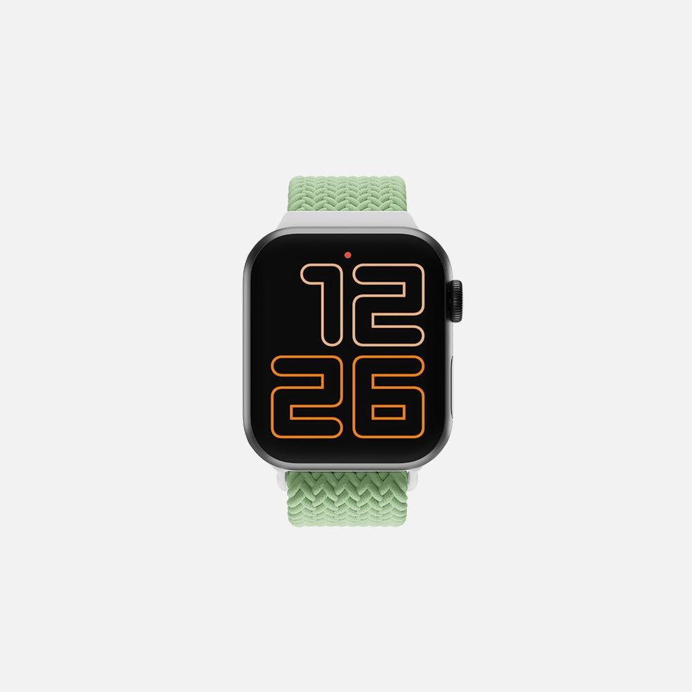 Smartwatch with orange digital time display and green braided band on a white background.
