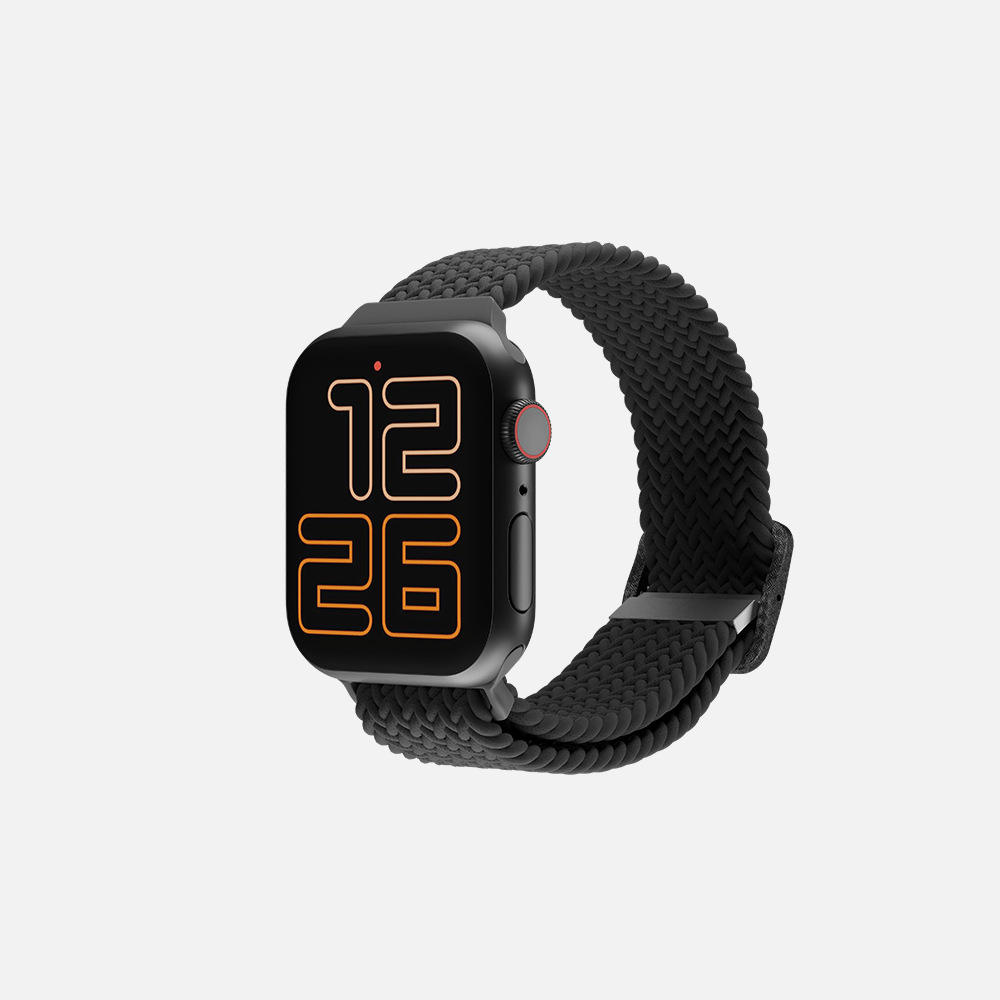 Smartwatch with black braided band displaying time on white background.