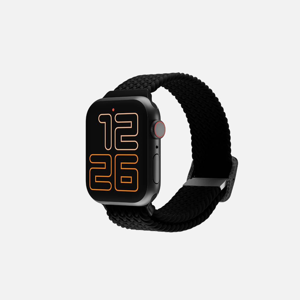Black smartwatch with digital clock face and woven strap on white background.