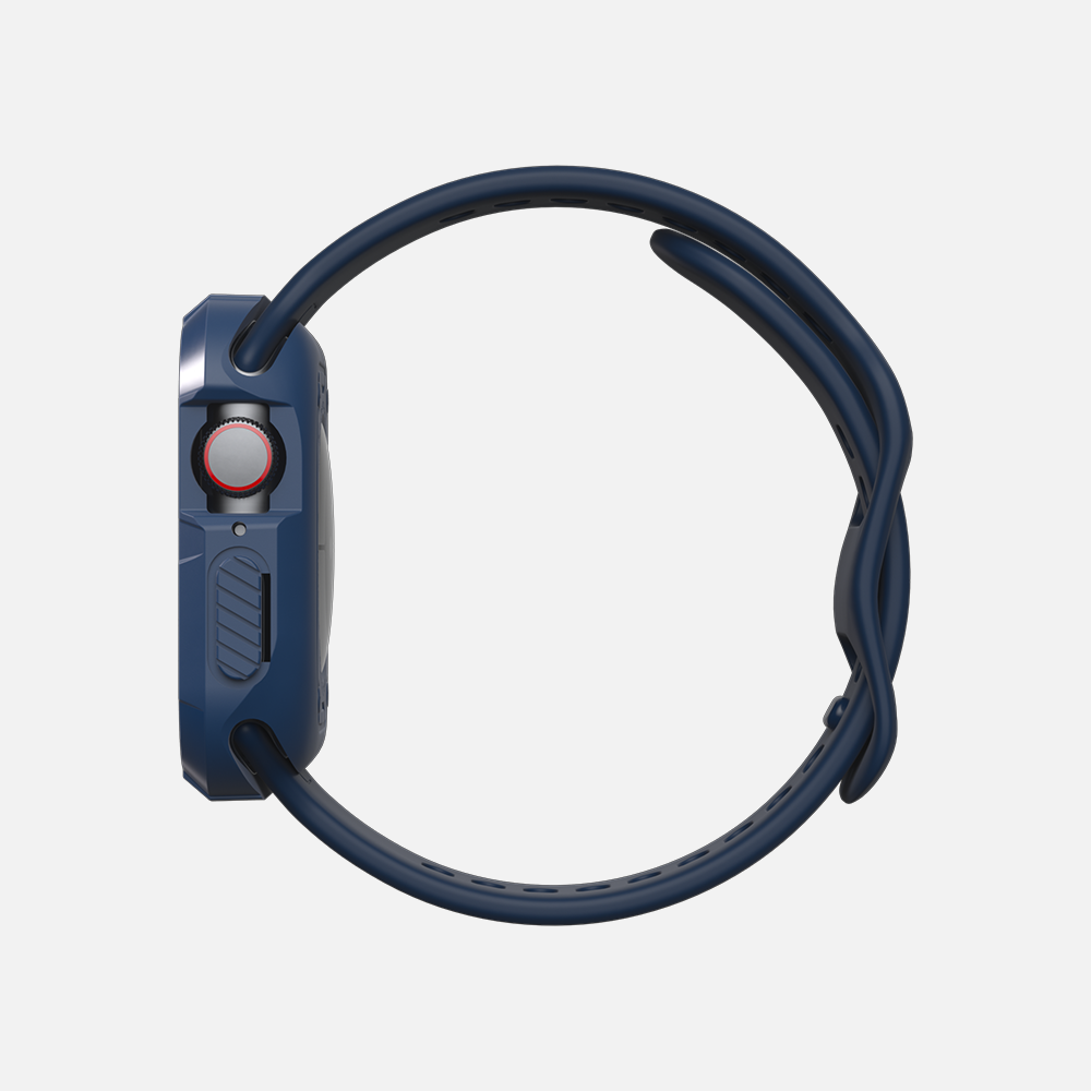 Side view of a modern smartwatch with blue shock-proof case highlighting durability features.