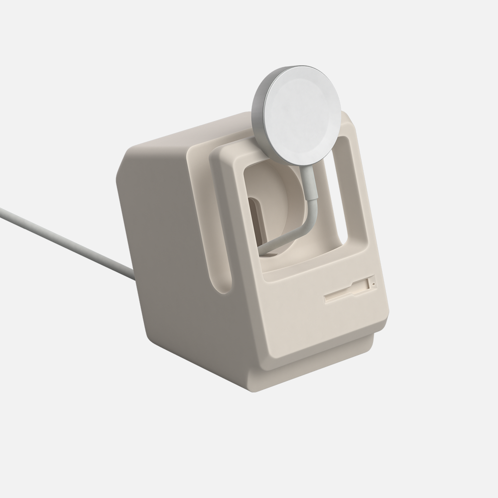 Beige macintosh watch stand without the display on a white background