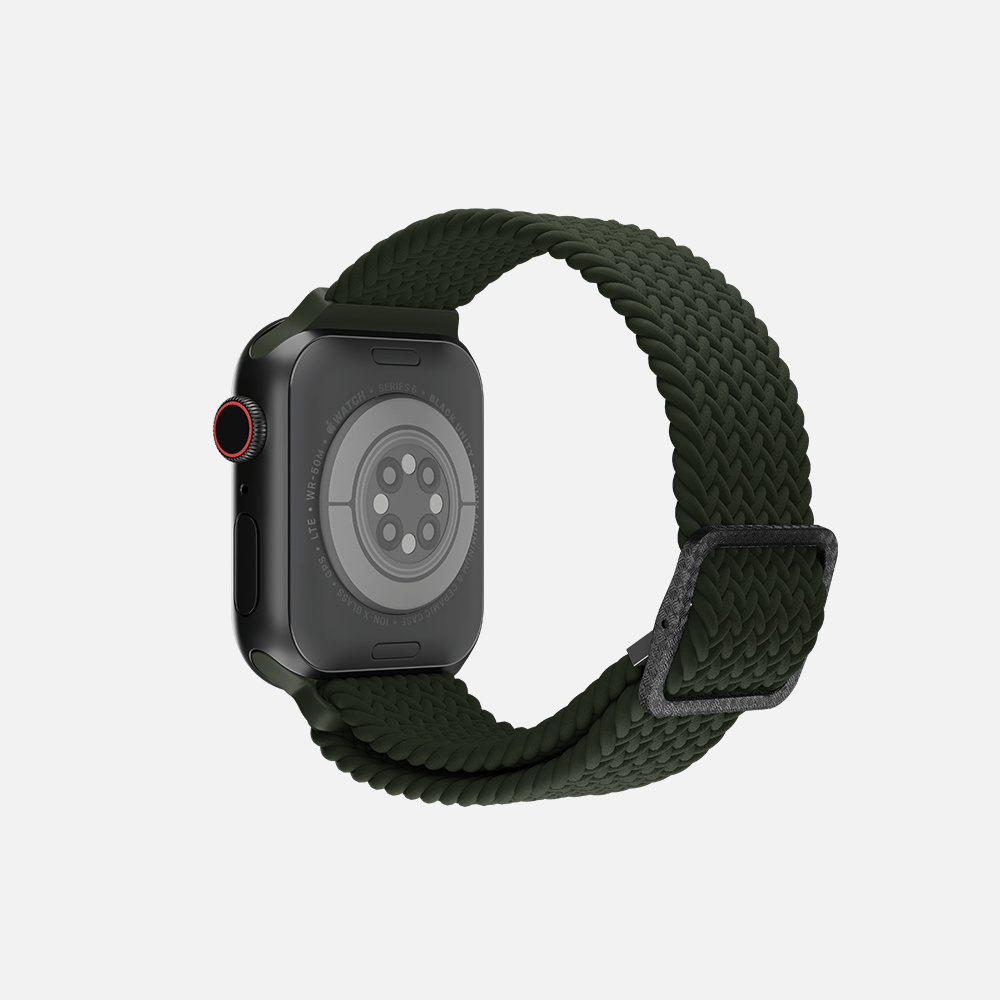 Smartwatch with knotted green strap viewed from back