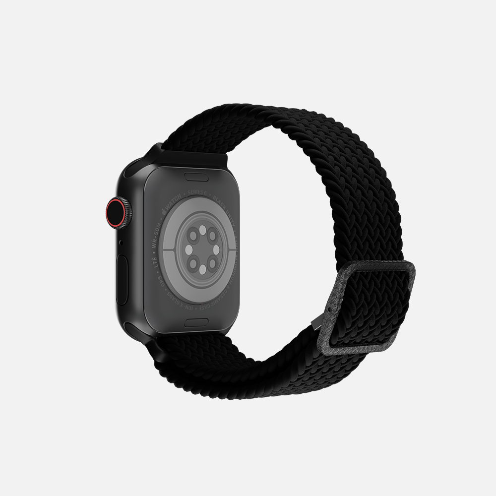 Rear view of black smartwatch with braided loop band on a white background.