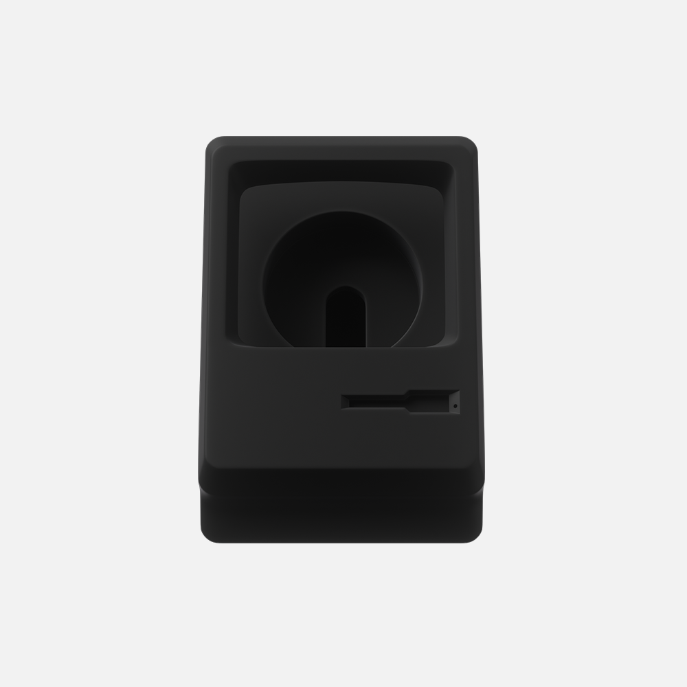 Black Hitch Macintosh Apple watch stand, isolated on white background.