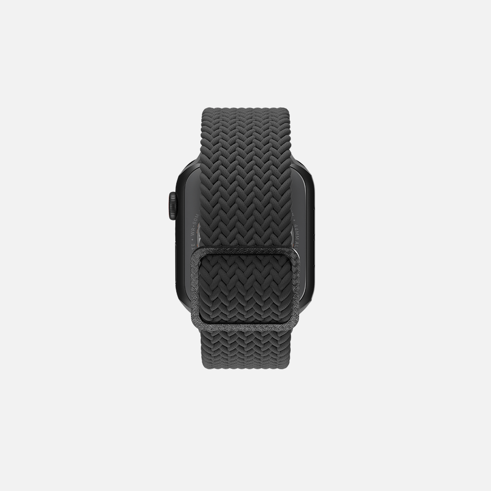 Black smartwatch with braided loop band on a white background.