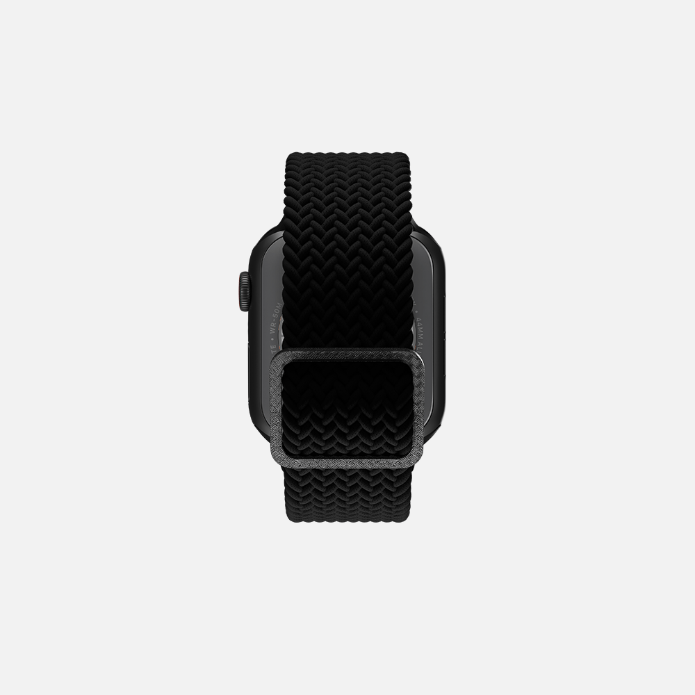 Black smartwatch with braided solo loop band on a white background.
