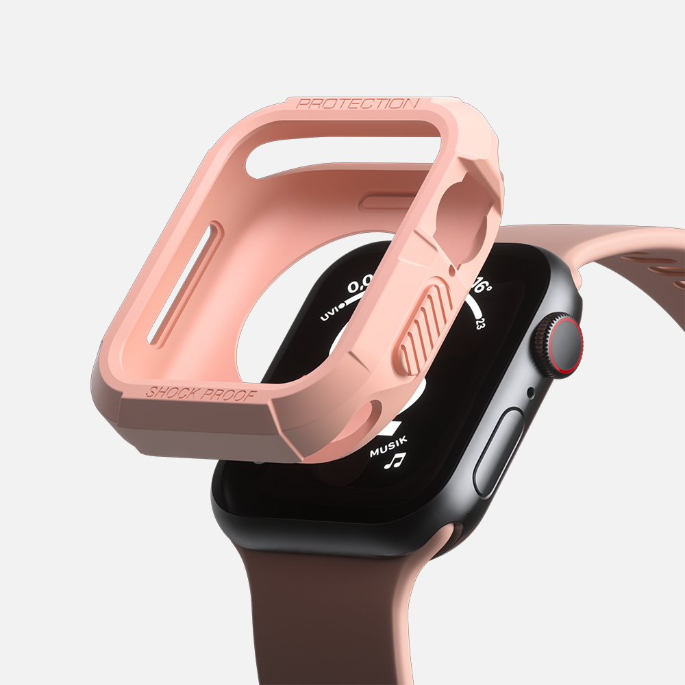 Rose gold shock proof protection case on a smartwatch with visible side buttons.