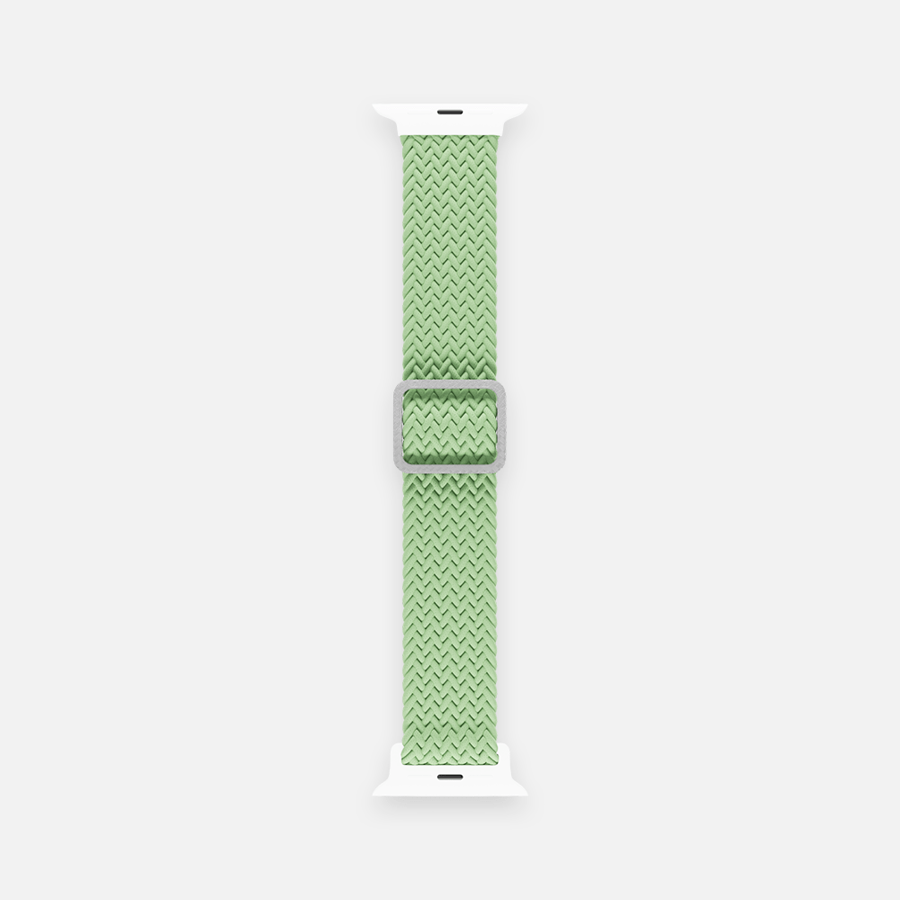 Green braided solo loop watch band on a white background.