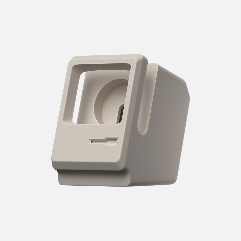 Beige macintosh watch stand without the display on a white background