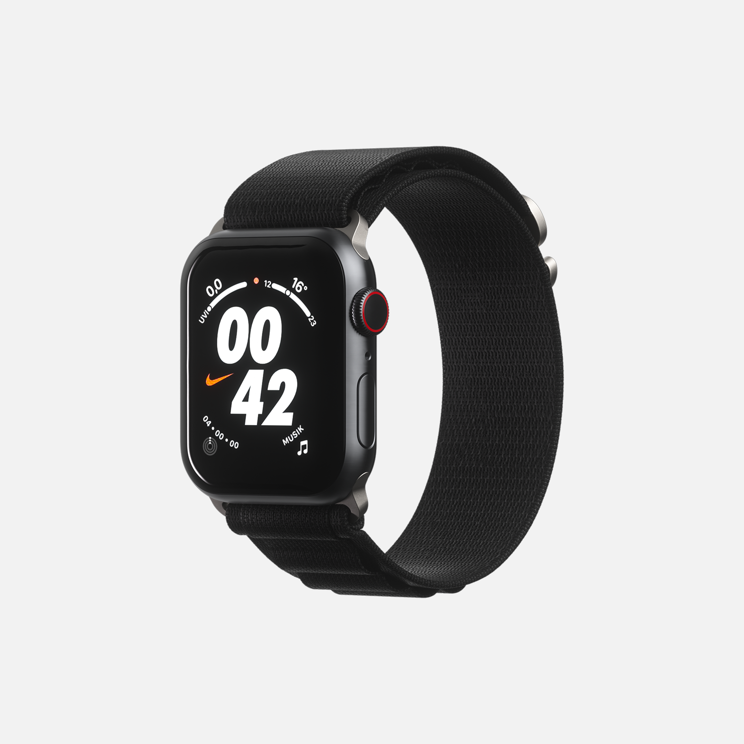 Black smartwatch with digital clock face and black sports band on a white background.