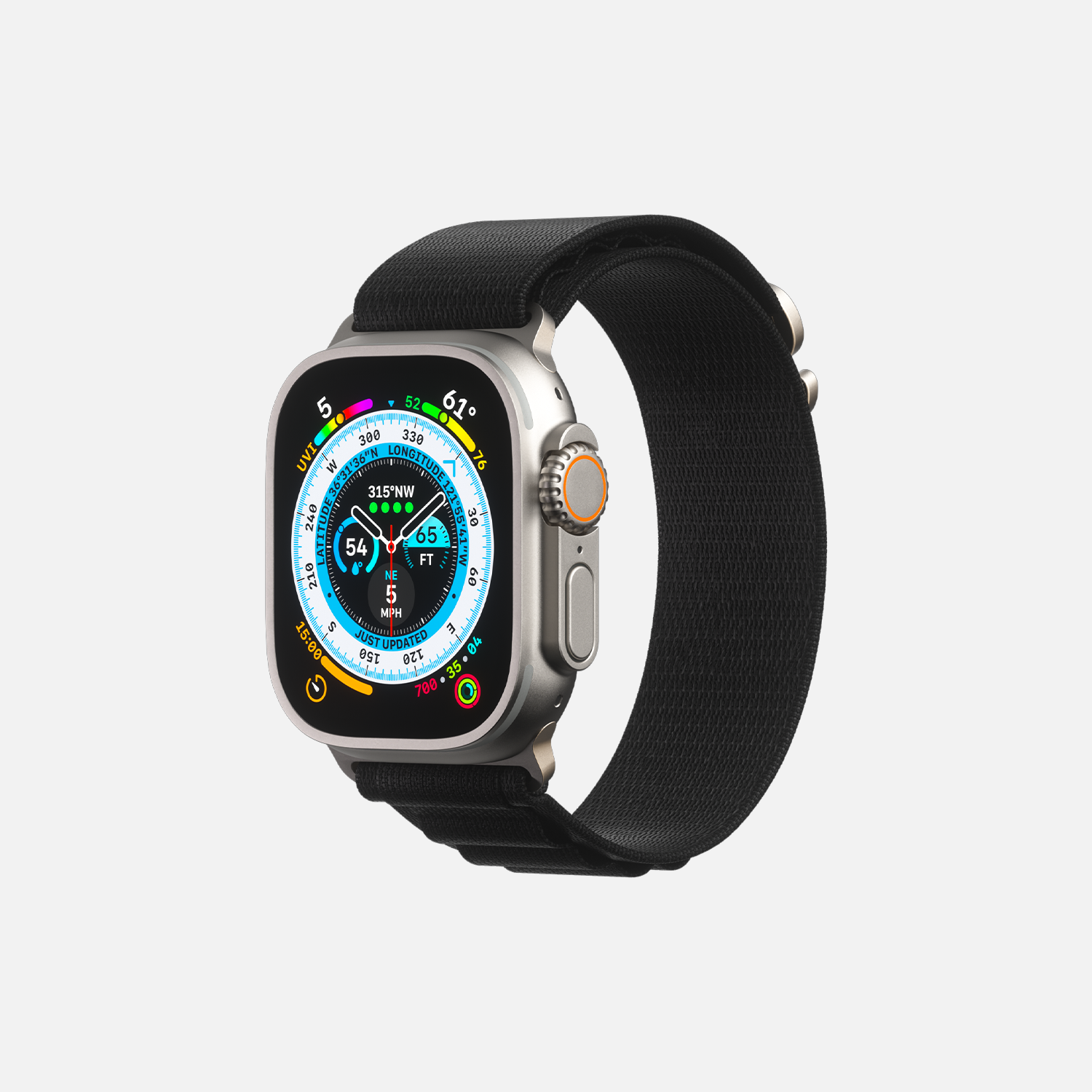 Modern smartwatch with colorful display and black sport band on a white background.