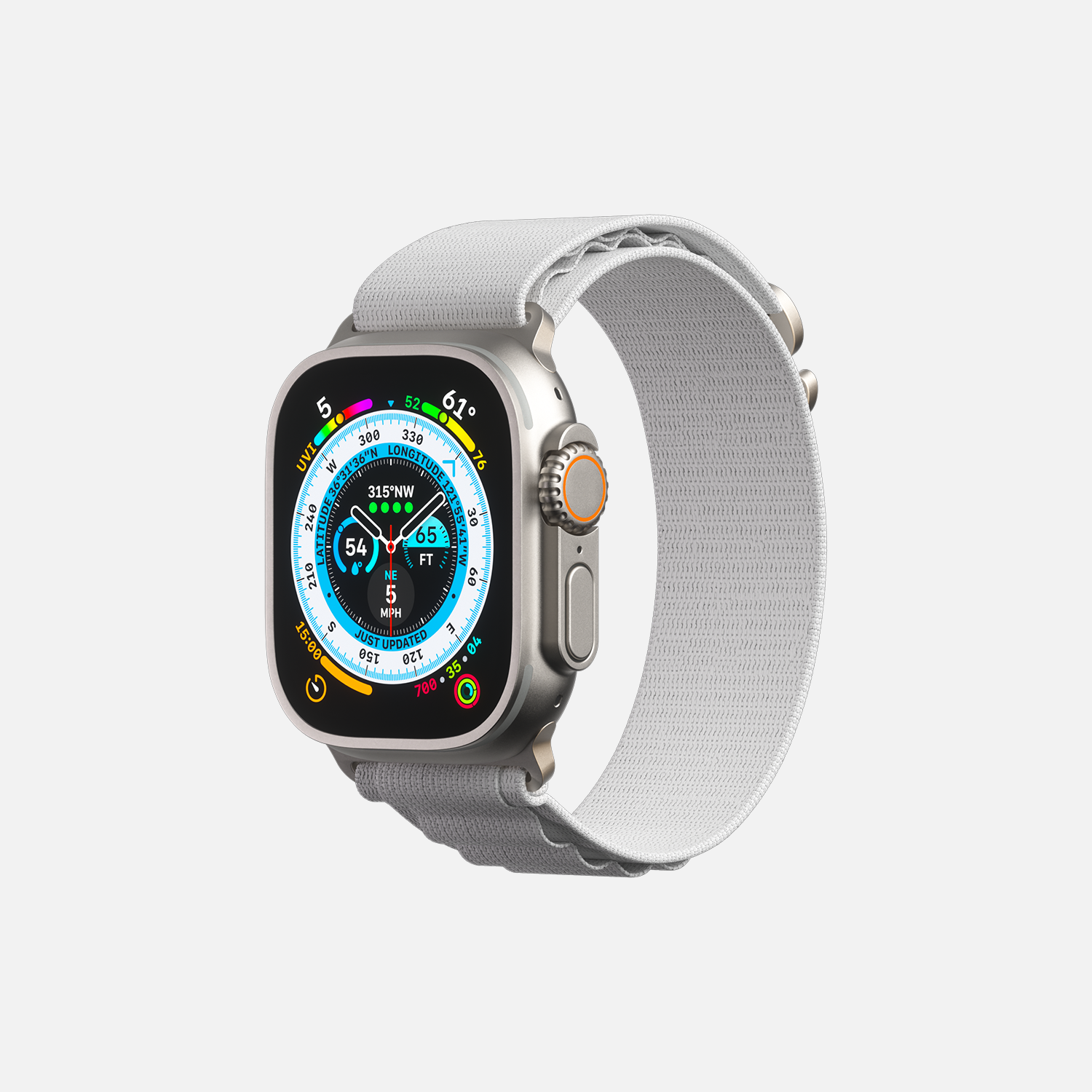 Silver smartwatch with colorful display and white band isolated on white background"