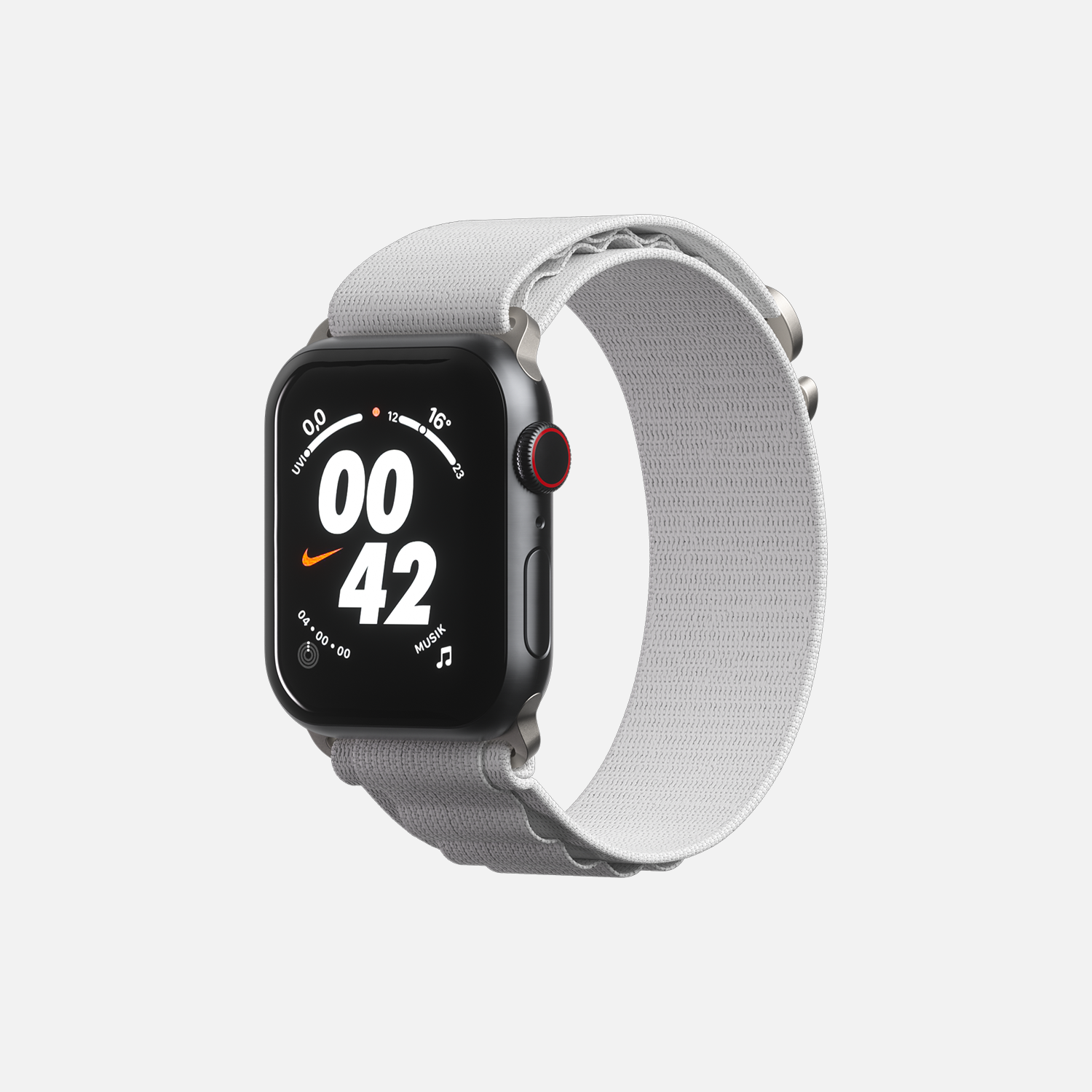 Smartwatch with black display, silver case, and gray sport band on white background"