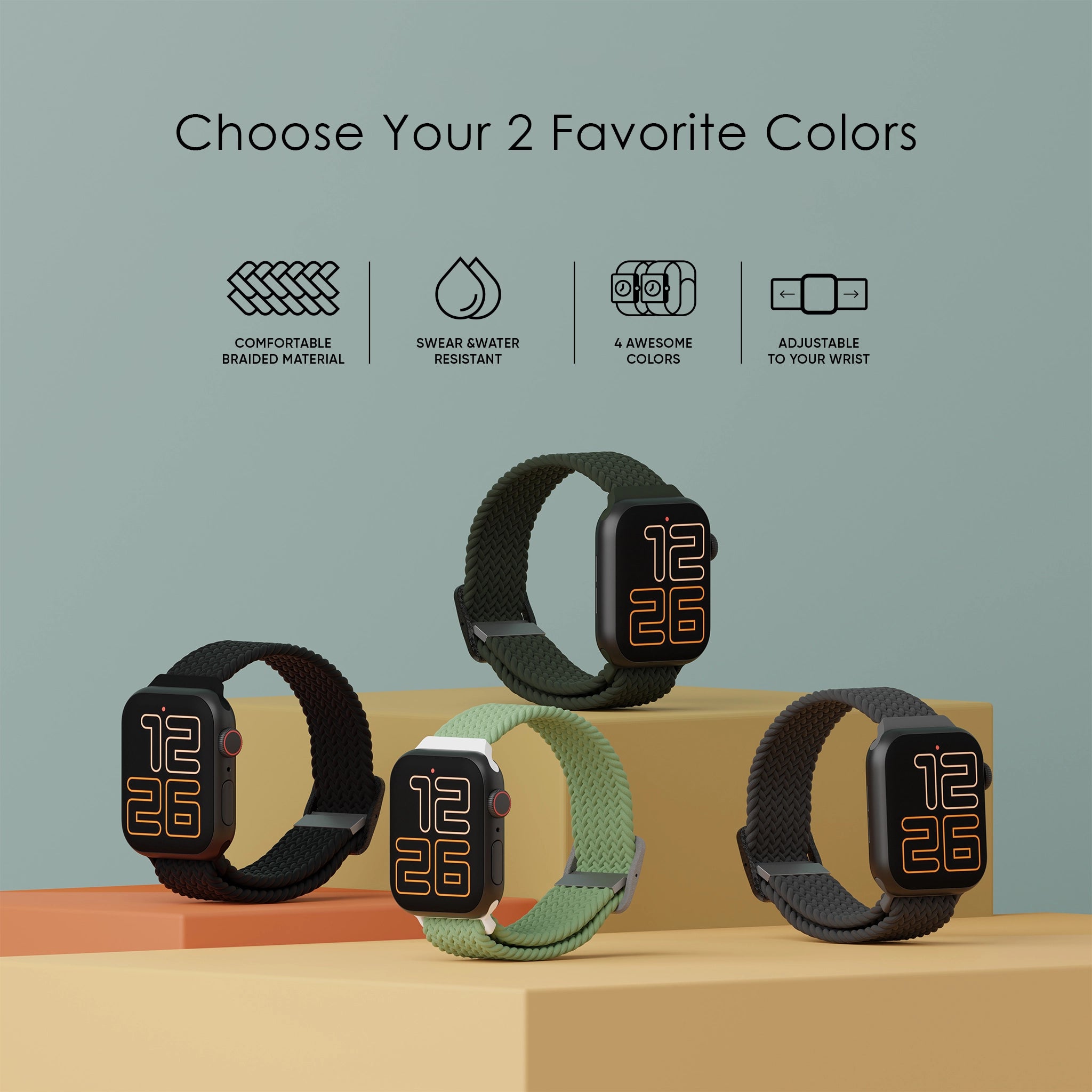 Assortment of smartwatches with braided straps in multiple colors showcasing comfort and water resistance."