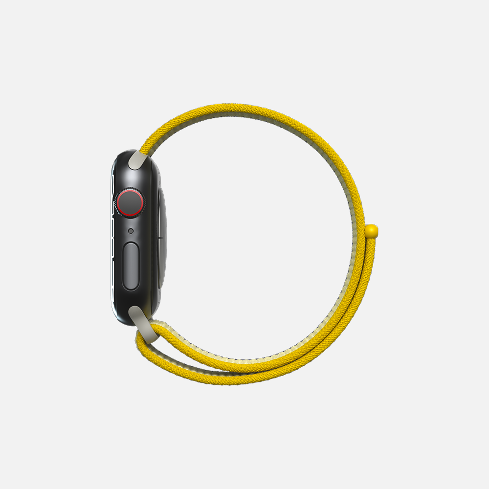 Side view of yellow smartwatch sport loop band on white