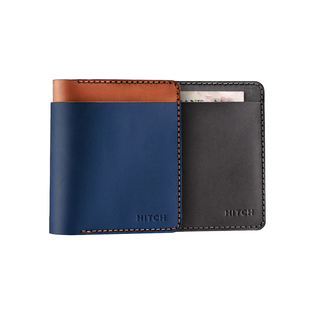 Blue and black leather Hitch bifold wallet with brown edging and visible currency.