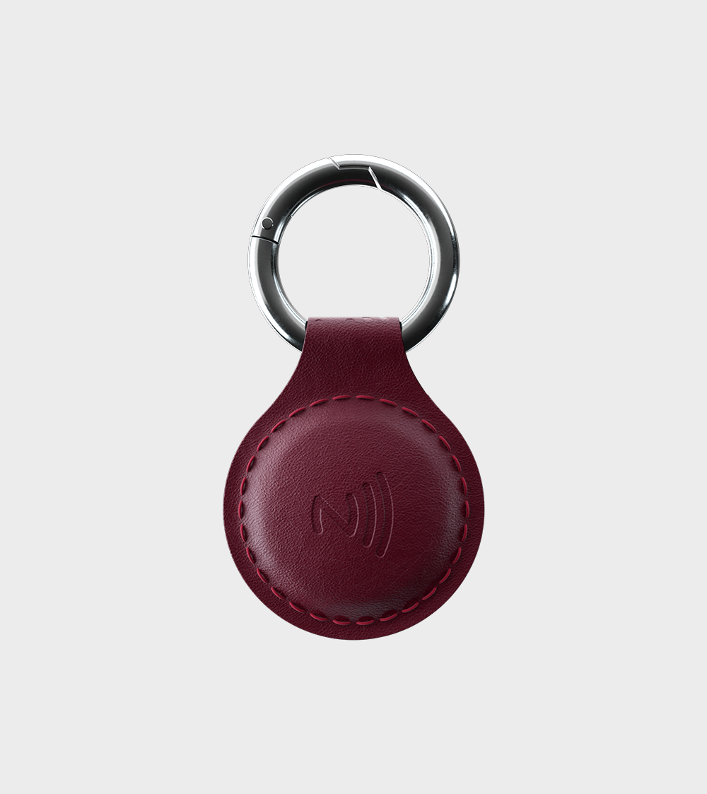 Maroon keychain with NFC icon, for contactless information sharing and networking