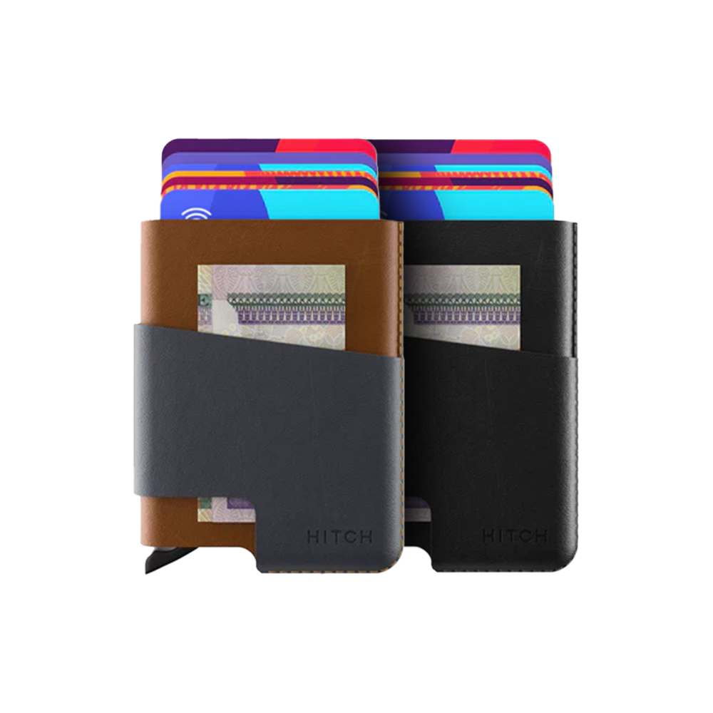 Compact leather cardholder wallets with cards and cash, minimalist design by HITCH"