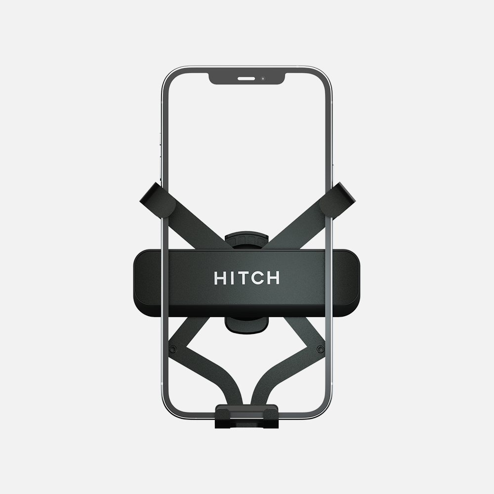 Smartphone in black holder with 'HITCH' label front-facing