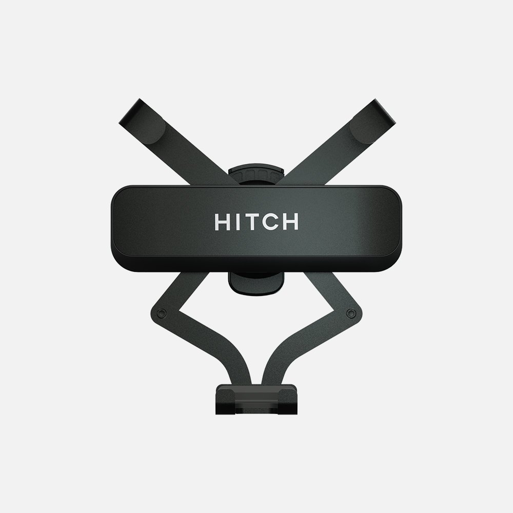 Black smartphone holder with 'HITCH' label and adjustable grip